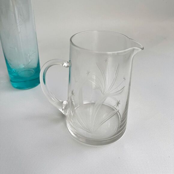 Depression Glass Trio: Green Coupe, Blue Rose Vase, Tiny Pitcher w/ Etching - Picture 7 of 7